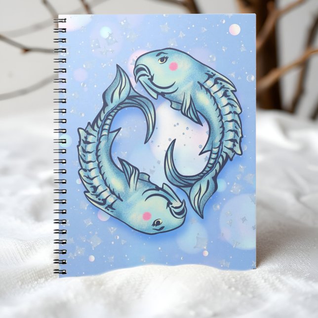 Carnet Poissons Poissons Rêveurs Fillettes Mer Verte Bleu (Whimsical Pisces fish notebook with dreamy sea colors, blush cheeks, and sparkling bubbles.)