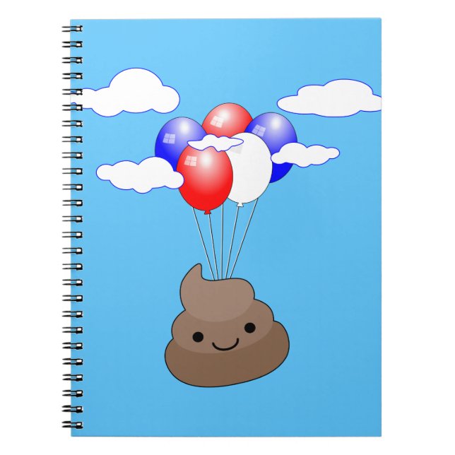Carnet Poo Emoji Voler Avec Des Ballons Dans Le Ciel Bleu (Devant)