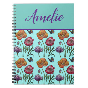 Carnet Poppies de pavot Red Shabby Chic Aqua Floral Fleur