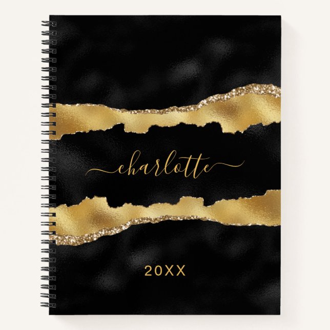 Carnet Porte d'or noir marbre nom script élégant (Devant)