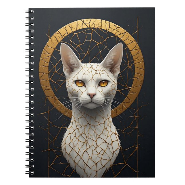 Carnet Portrait de chat blanc avec halo géométrique doré (Devant)