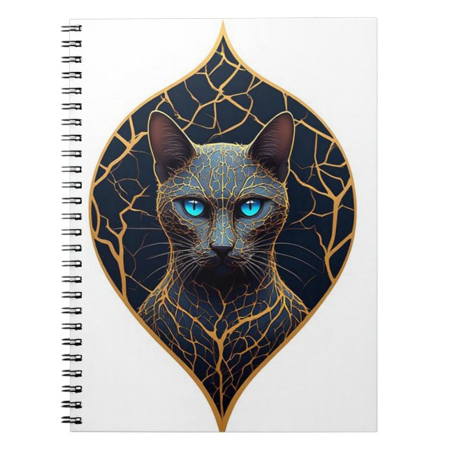 Carnet Portrait de chat noir avec diamant géométrique or  (Devant)