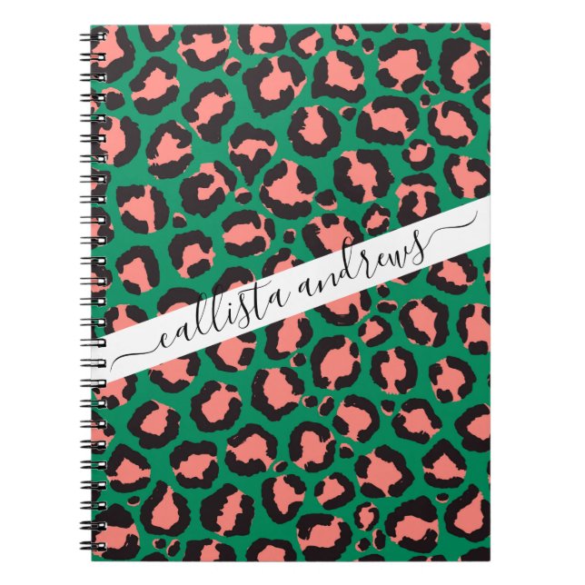 Carnet Poster de animal Léopard vert rose corail moderne (Devant)