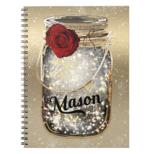 Carnet Pot Mason Fleur de Rose Rouge Pailleté Or Glamour