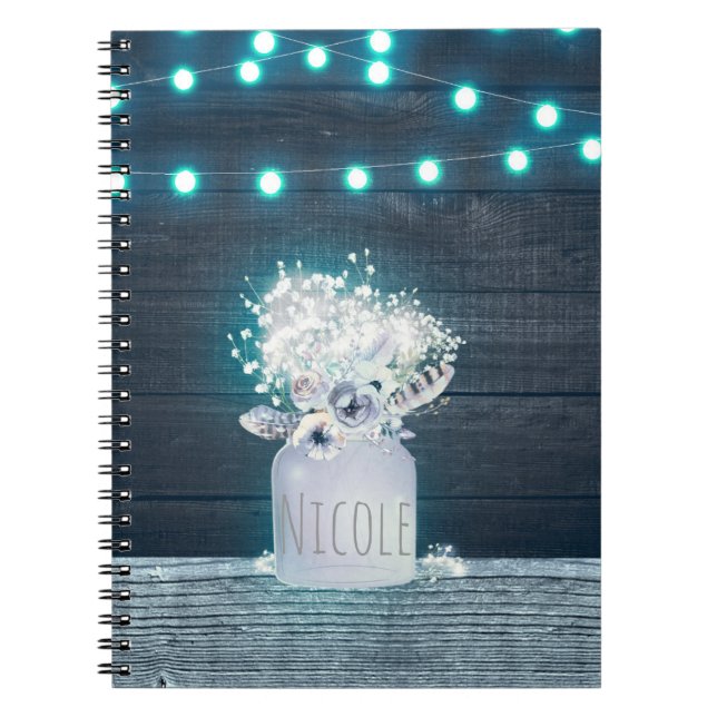 Carnet Pot Mason Floral & Lumières Bleues à Fils Rustique (Devant)