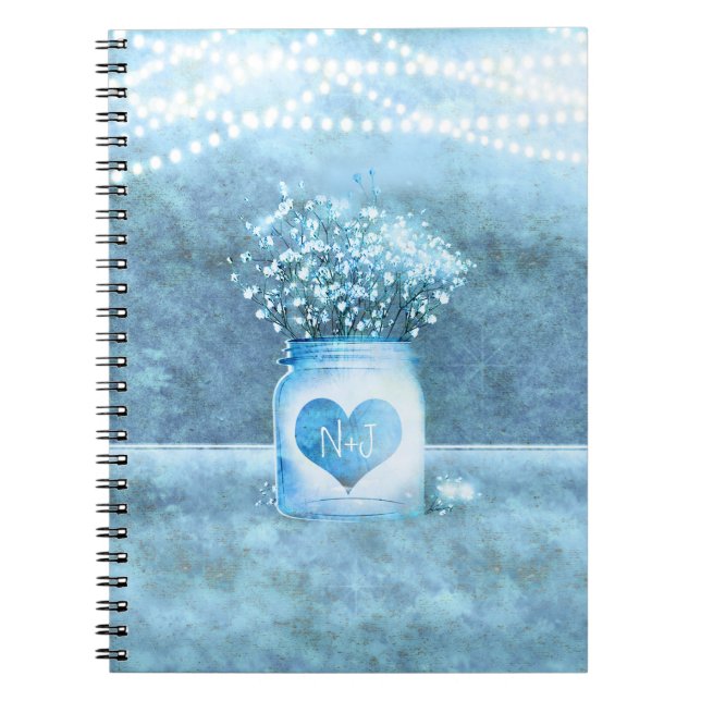 Carnet Pot Mason Jar à coeur bleu et baby's breath rustiq (Devant)