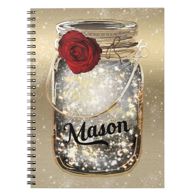Carnet Pot Mason Rose Rouge Glamour Étincelle Dorée (Devant)