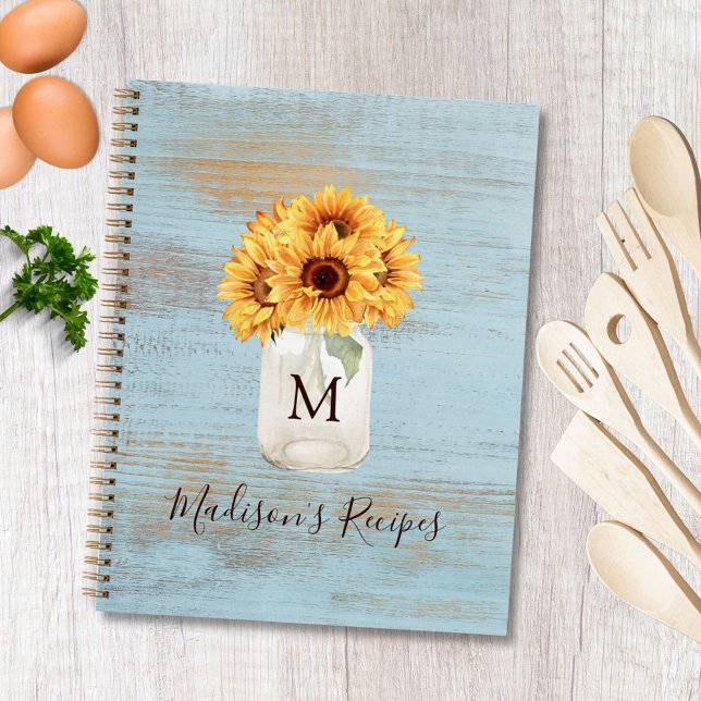 Carnet Pots Mason Sunflower Monogrammés Recette Bois Bleu (In situ)