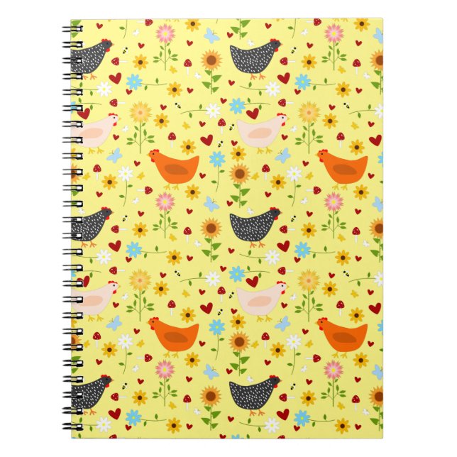 Carnet Poulets dans le jardin avec fleurs et insectes (Devant)