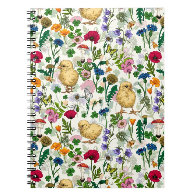 Carnet Poulets et fleurs sauvages sur blanc cassé (Devant)