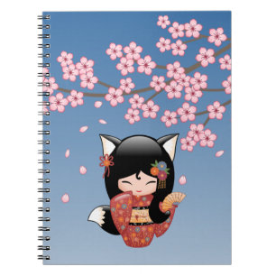 Carnet Poupée Kitsune Kokeshi - Black Fox Geisha Girl