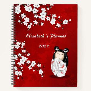 Carnet Poupée Kokeshi Rouge Blanc Cerisier Blossom Votre