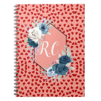 Carnet Poussière bleue élégante florale & Cœurs rouges Mo