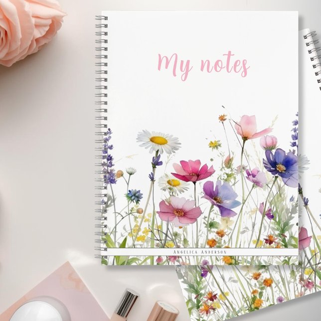 Carnet Prairie de fleurs sauvages écriture rose double fa (Wildflower Meadow Pink Script Double sided Notebook)