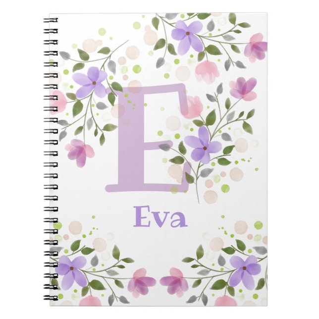 Carnet Premier nom initial plus Eva avec fleurs (Devant)