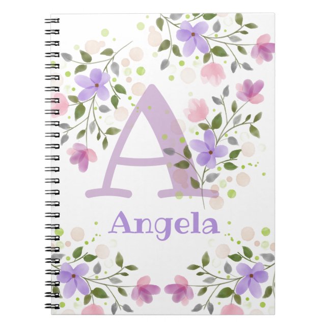 Carnet Première initiale plus le nom Angela avec des fleu (Devant)