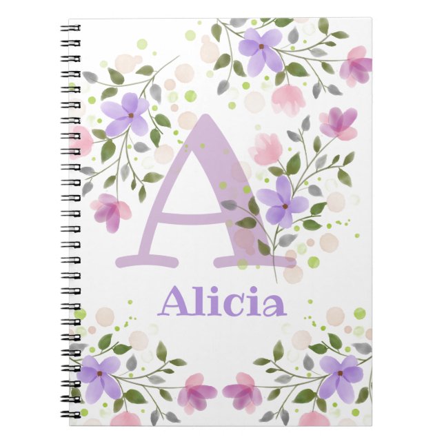 Carnet Première initiale Plus Nom Alicia avec Fleurs (Devant)