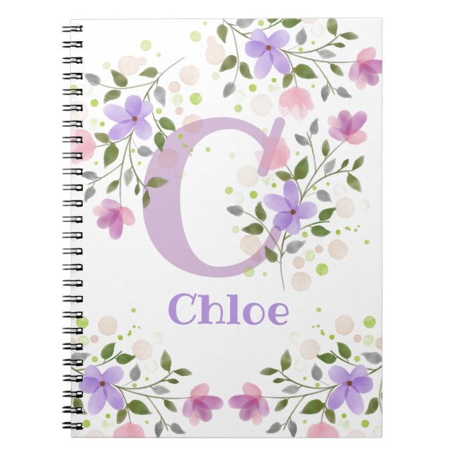 Carnet Première initiale plus nom Chloé avec des fleurs (Devant)