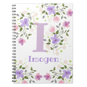 Carnet Première initiale plus nom Imogen avec des fleurs