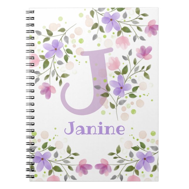 Carnet Première initiale plus nom Janine avec des fleurs (Devant)