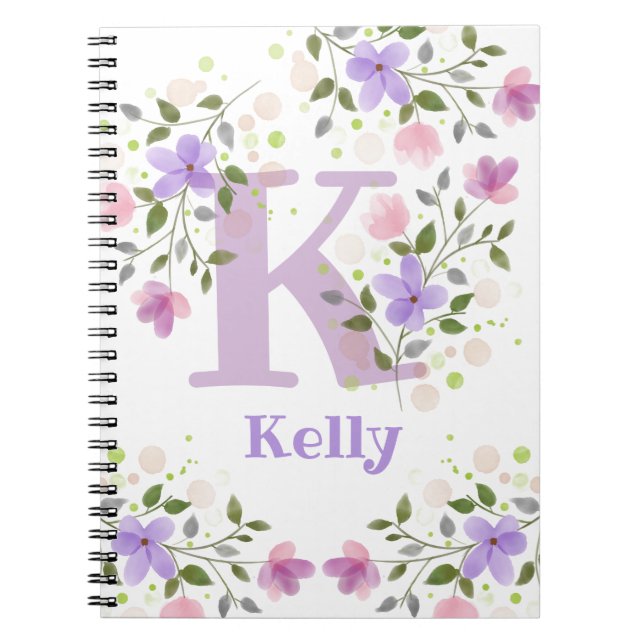 Carnet Première initiale plus nom Kelly avec des fleurs (Devant)