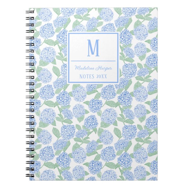 Carnet Preppy Blue and Green Hydrangeas Monogram (Devant)