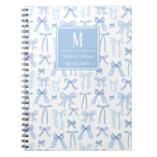 Carnet Preppy Coquette Blue Bows Monogramme Personnalisé