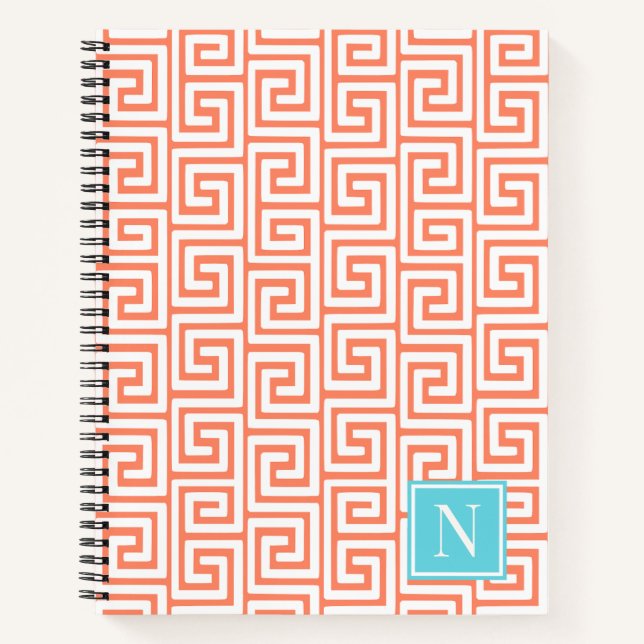 Carnet Preppy Greek Key Monogram – Coral & Turquoise (Devant)