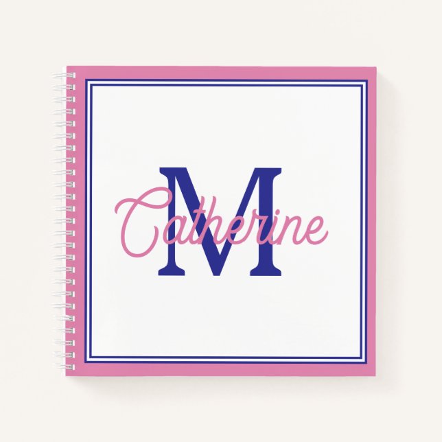 Carnet Preppy Pink and Navy Blue Simple Monogram (Devant)