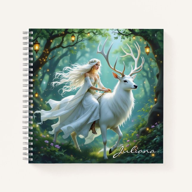 Carnet Pretty Fairy and White Deer in Enchanted Forest (Devant)