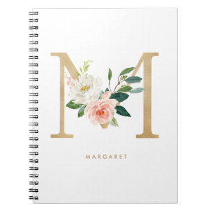 Carnet Pretty Faux Gold Foil Floral Letter M Monogram