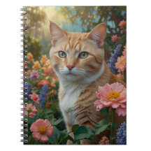 Pretty white orange cat in floral garden