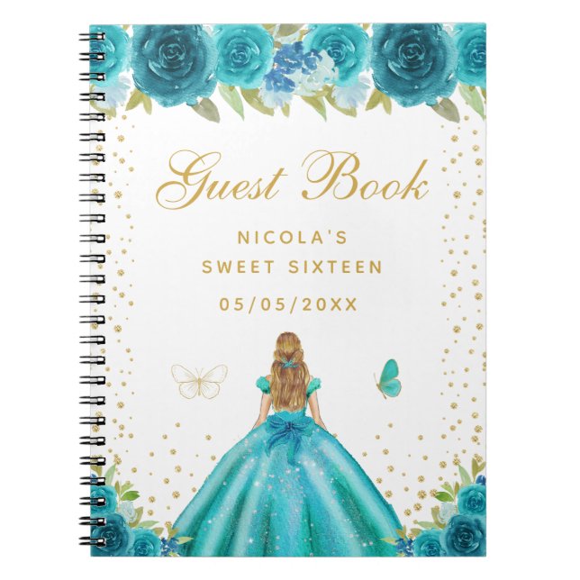 Carnet Princesse aux Cheveux Blonds Fleuris Turquoise Swe (Devant)