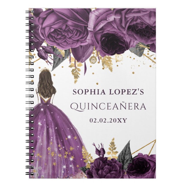Carnet Princesse Florale d'or violet Quinceanera (Devant)