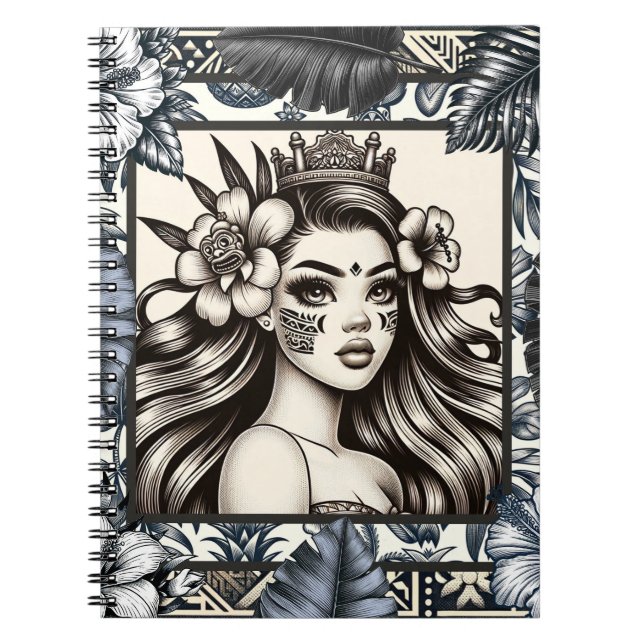 Carnet Princesse Polynésienne Fleur Tribale Bleue (Devant)