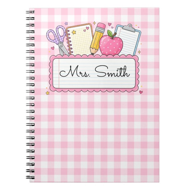 Carnet Professeur à carreaux rose personnalisé (Devant)