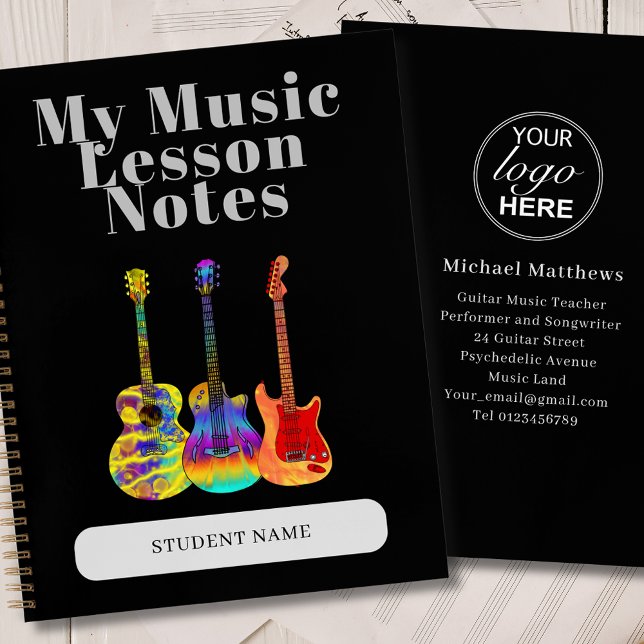 Carnet Professeur de Guitare Leçon de Musique Personnalis (Guitar teacher music lessons custom student name notebook With your logo here and business details)