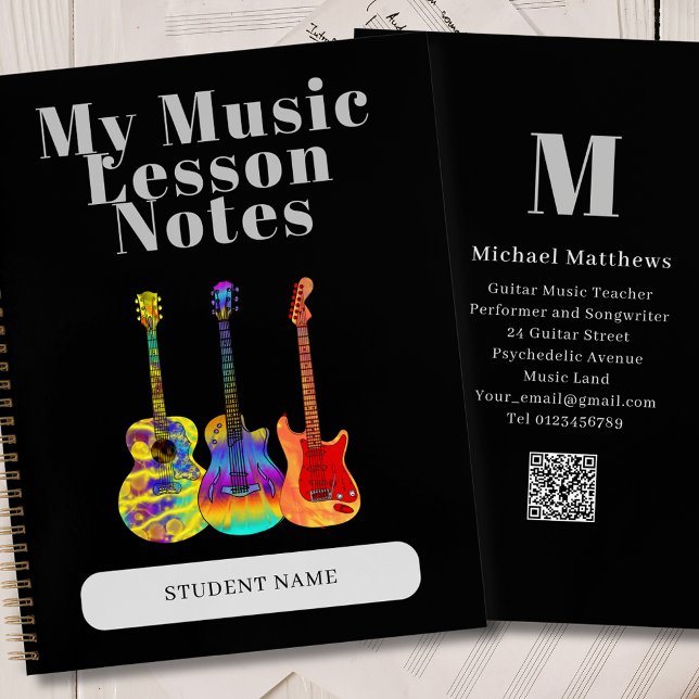 Carnet Professeur de Guitare Leçon de Musique Personnalis (Guitar teacher music lessons business qr code custom student name notebook)