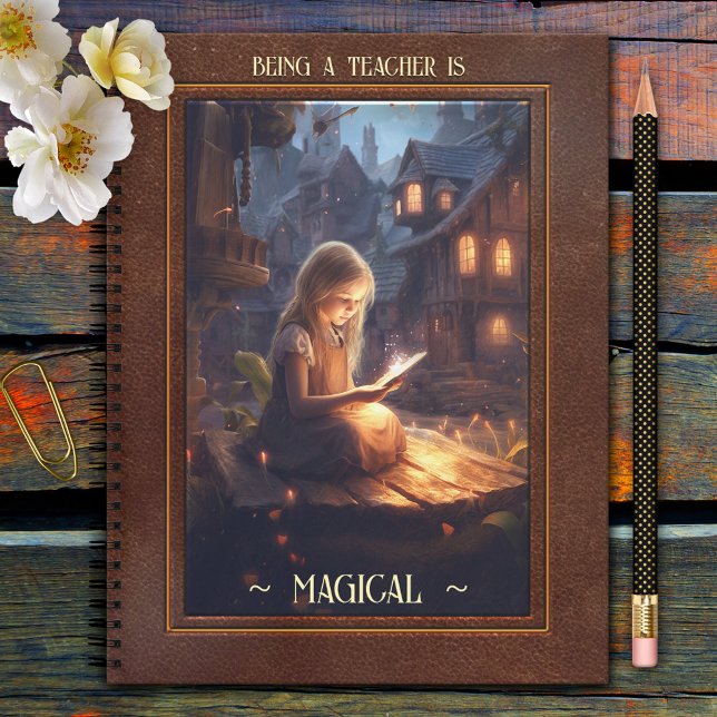 Carnet Professeur de lecture d'art magique (Teacher notebook featuring a fine art design with a girl reading a book in a magical environment.)