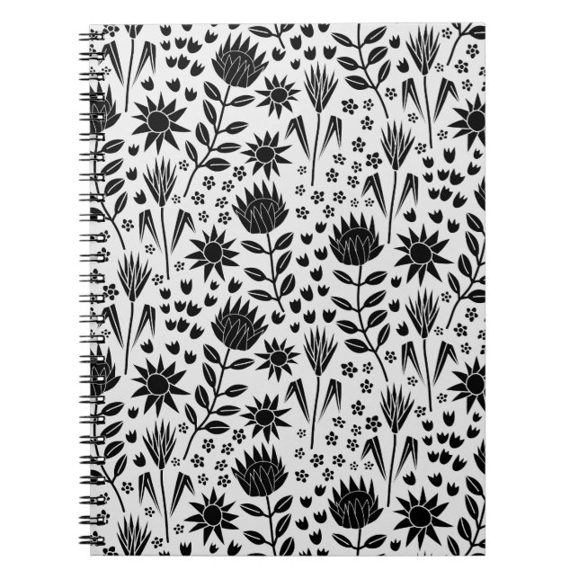 Carnet Protea Floral Block Imprimer Millefleur noir blanc (Devant)