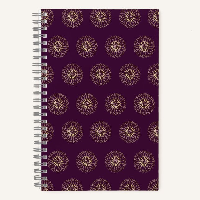 Carnet Prune | Médaillons de fleurs de zinnia dorées (Recto)