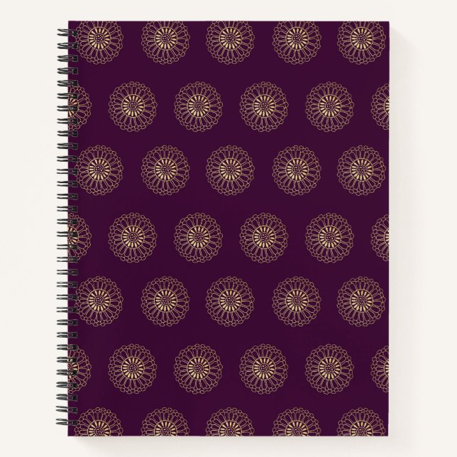 Carnet Prune | Médaillons de fleurs de zinnia dorées (Devant)