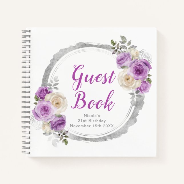 Carnet Purple and Silver Elegant Flowers Birthday Party (Devant)