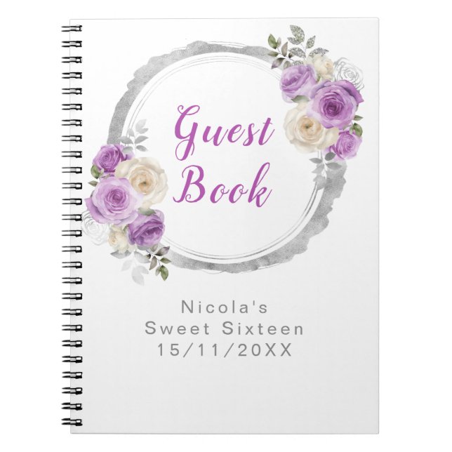 Carnet Purple and Silver Elegant Flowers Sweet Sixteen (Devant)