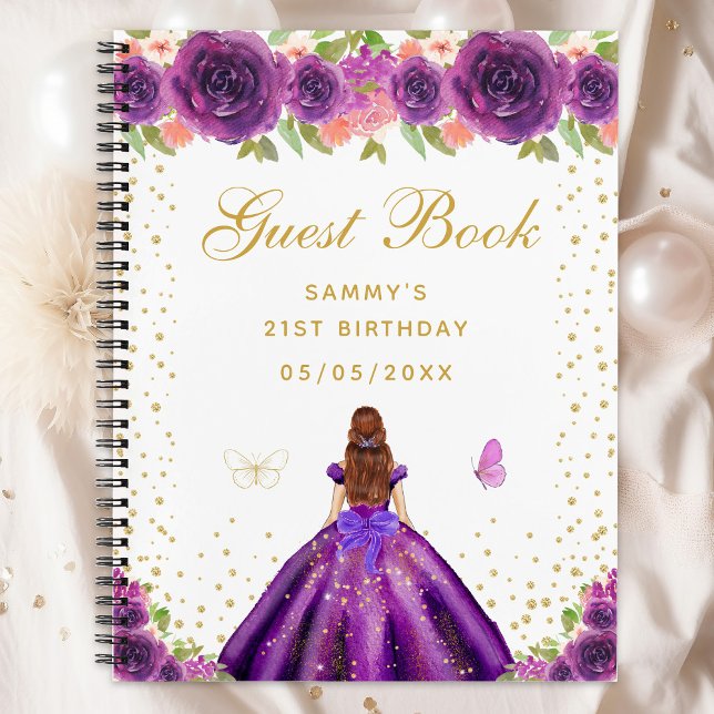Carnet Purple Floral Brown Hair Princess Guest Book (Créateur téléchargé)