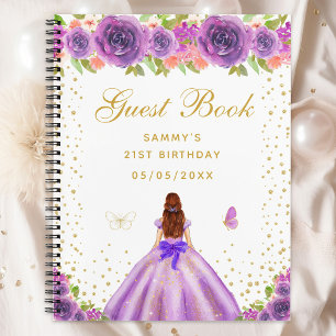 Carnet Purple Floral Brown Hair Princess Guest Book
