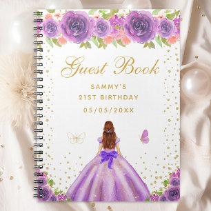 Carnet Purple Floral Brown Hair Princess Guest Book