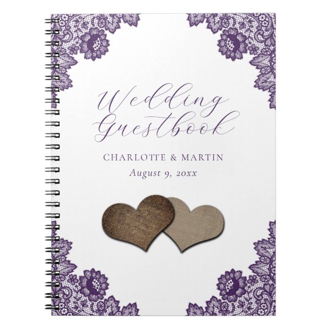 Carnet Purple Floral Lace Burlap Hearts Wedding Guestbook (Devant)