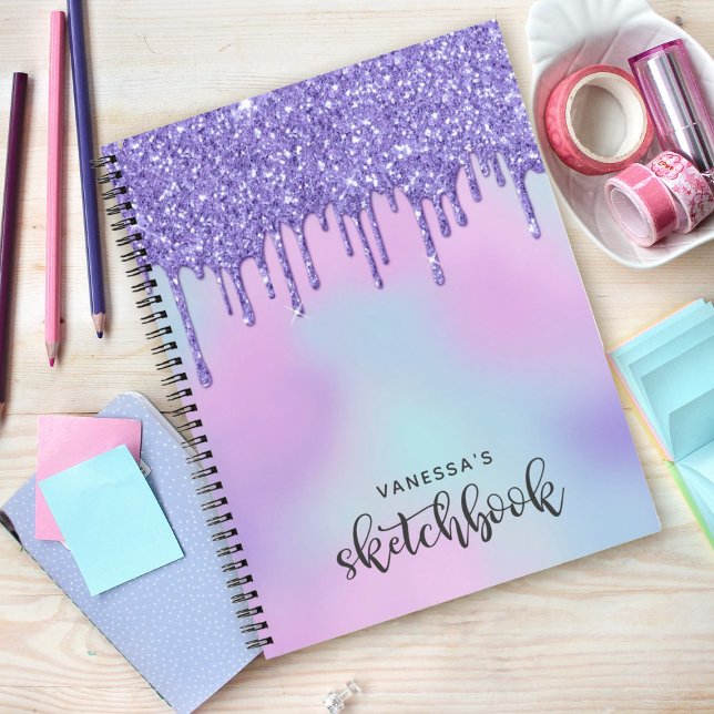 Carnet Purple Holographic Parties scintillant Drives Arti (A cute purple dripping glitter holographic sketchbook. Personalize it with your name.)