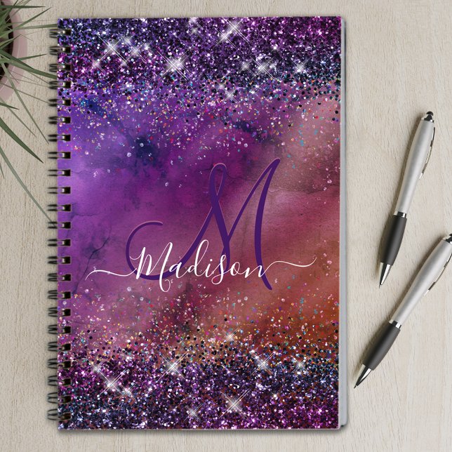Carnet Purple iridescent brushed metal glitter monogram n (Créateur téléchargé)